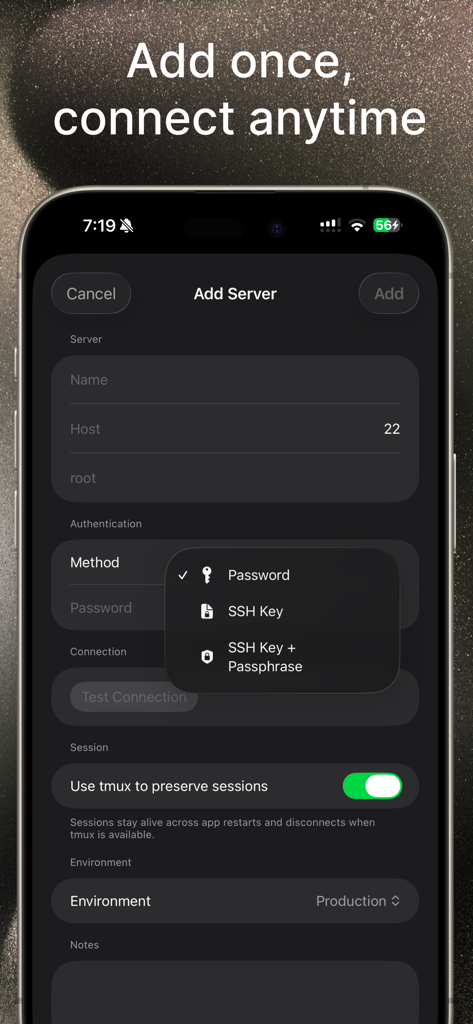 VVTerm - Interface de l'application mobile VVTerm montrant l'écran de configuration pour ajouter un nouveau serveur SSH avec authentification et options de session