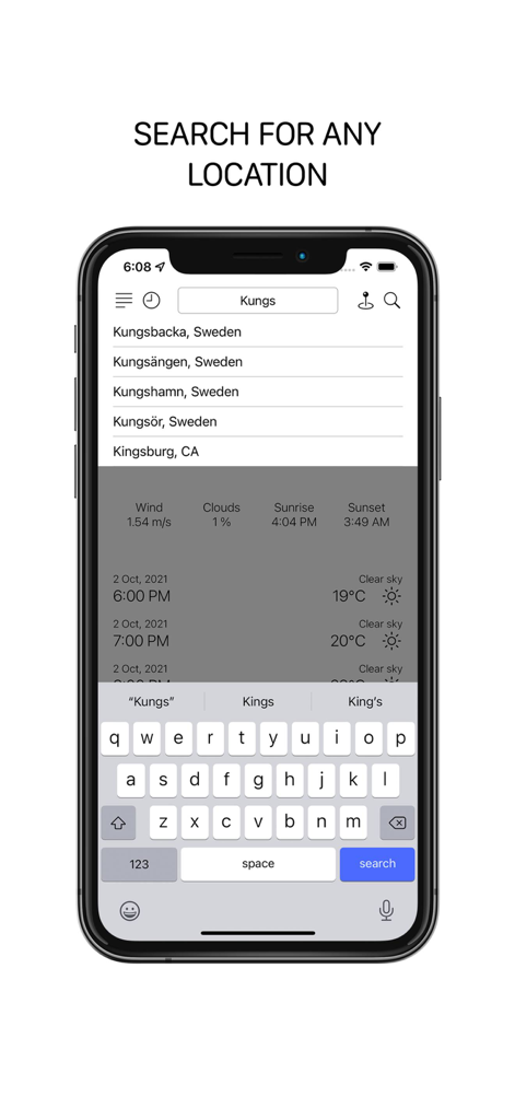 A mobile screen showing the search interface of the Minimalistic Weather App with location suggestions for cities