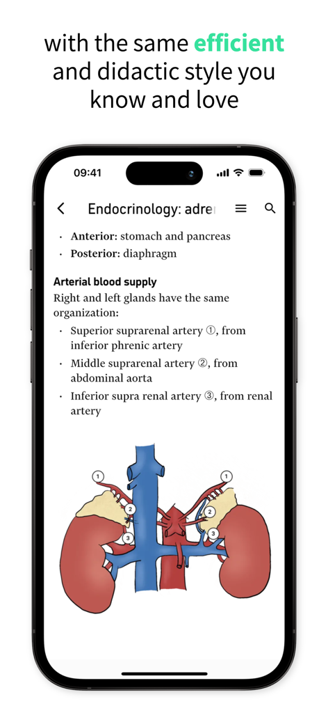 Knowuro reader - Knowuro reader app screen displaying anatomical illustration and arterial blood supply details for the adrenal glands