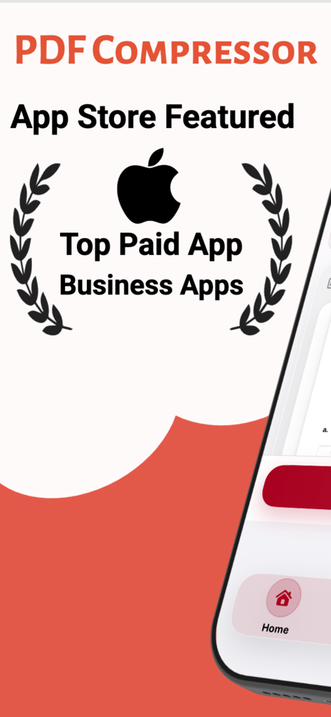 App Storeでトップの有料ビジネスアプリとしてのPDF圧縮アプリのプロモーショングラフィック。Appleロゴ付き。
