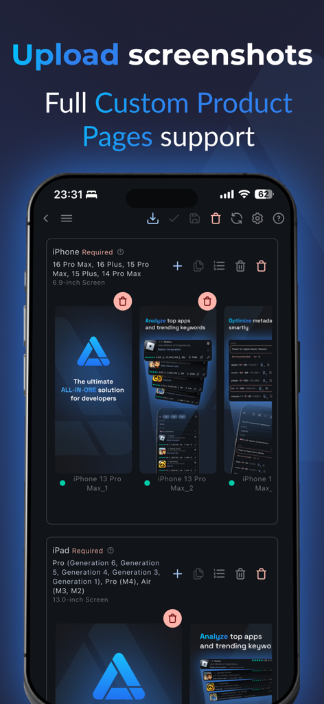 Interfaz de la aplicación ASO.dev para cargar capturas de pantalla y gestionar Páginas de Producto Personalizadas.