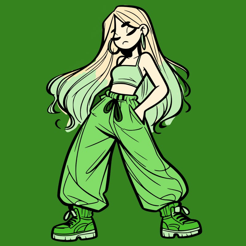 girl in baggy pants crop top and long hair