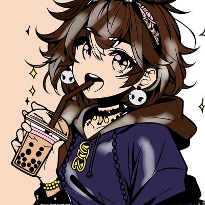 hot baddie anime girl drinking boba and biting the straw