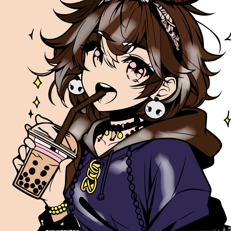 hot baddie anime girl drinking boba and biting the straw