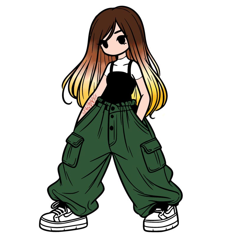 girl in baggy pants, crop top, and long hair