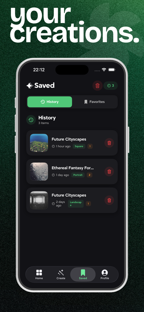 Prompt Market: AI Studio - Saved creations screen in the Prompt Market AI Studio app featuring a history of AI generated images