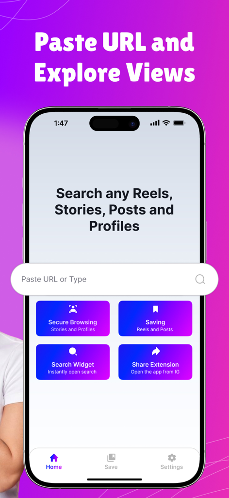 Amazing Profile Viewer - Pantalla de inicio de la aplicación Visor de Perfiles Increíble en un iPhone mostrando opciones para buscar reels, historias y publicaciones.