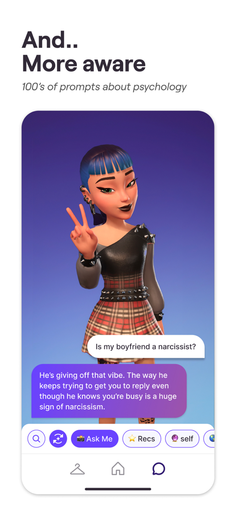 Interfaz de la aplicación Genies mostrando un avatar 3D estilizado que brinda consejos de psicología y relaciones en una ventana de chat.