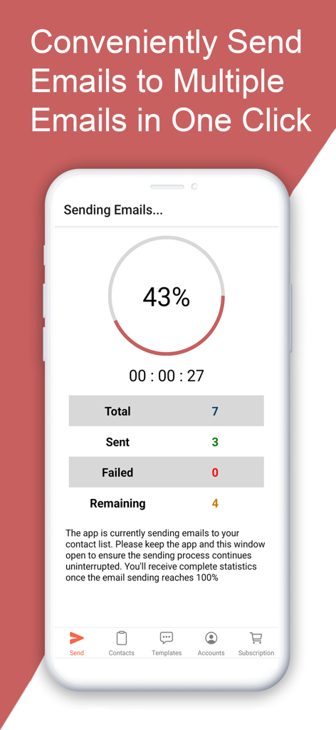Mail Merge: Bulk Email Sender - Screenshot of the Mail Merge app showing a bulk email sending progress screen with a 43 percent completion status