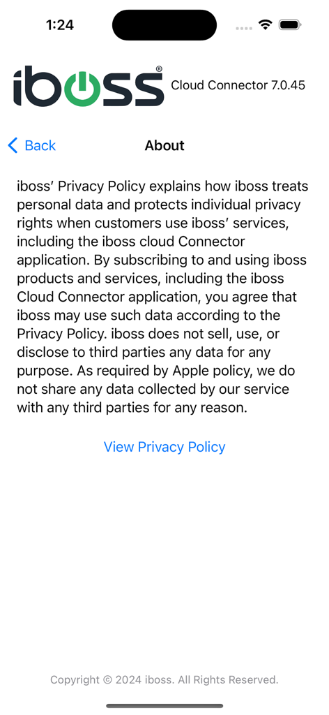 iboss Zero Trust Connector - About screen of the iboss Zero Trust Connector app displaying privacy policy and version information