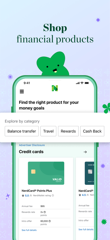 A screenshot of the NerdWallet app interface showing financial product categories and credit card comparisons with expert ratings