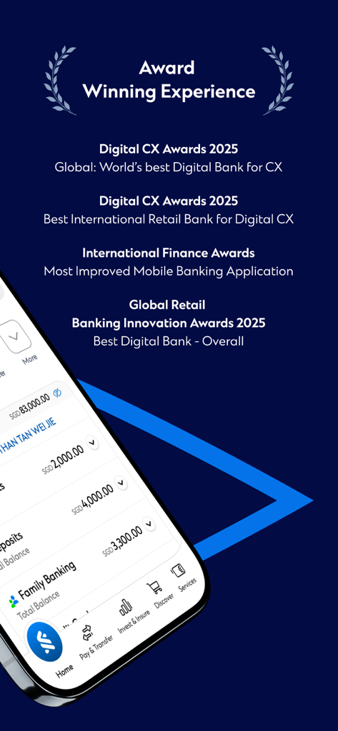 Standard Chartered SC Mobile Singapore app showing digital banking awards and portfolio interface