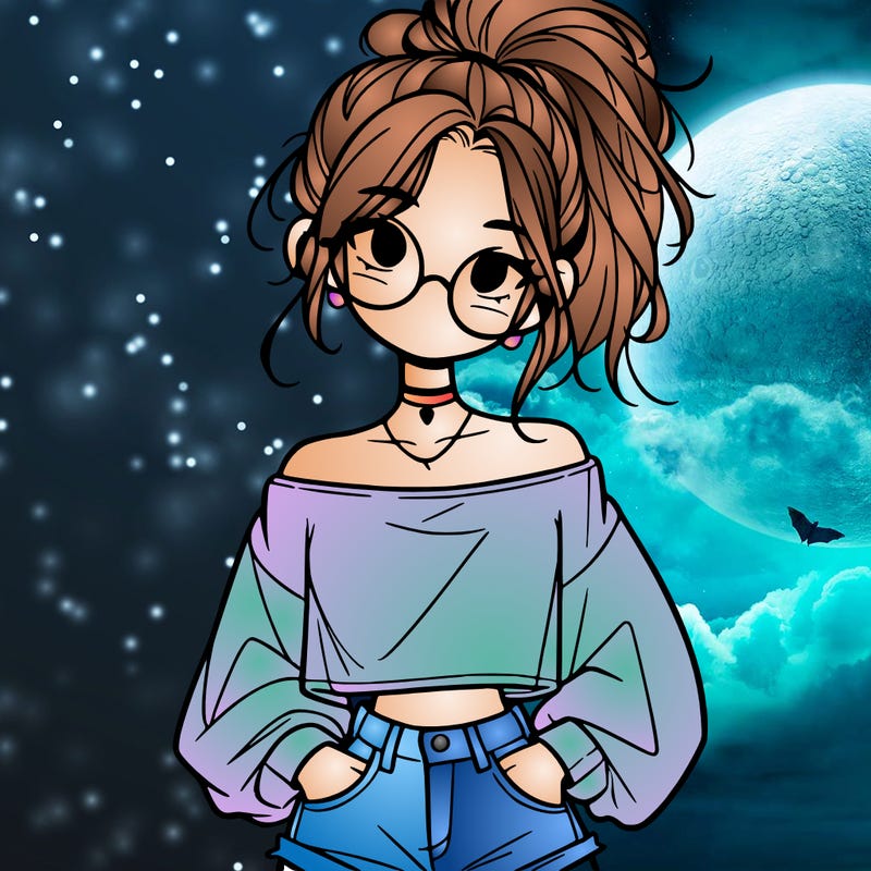 girl with a messy ponytail glasses a baggy crop top and jean shorts