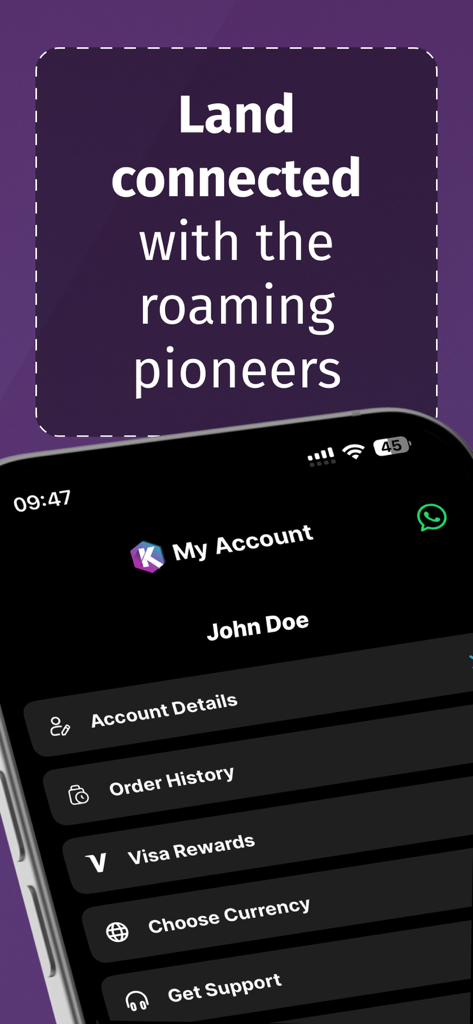 KnowRoaming Travel eSIMs - KnowRoaming mobile app interface showing the My Account page with travel data management options