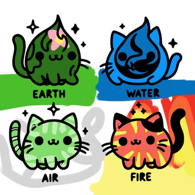 4 cats that represent the different elements, earth, water, air, and fire