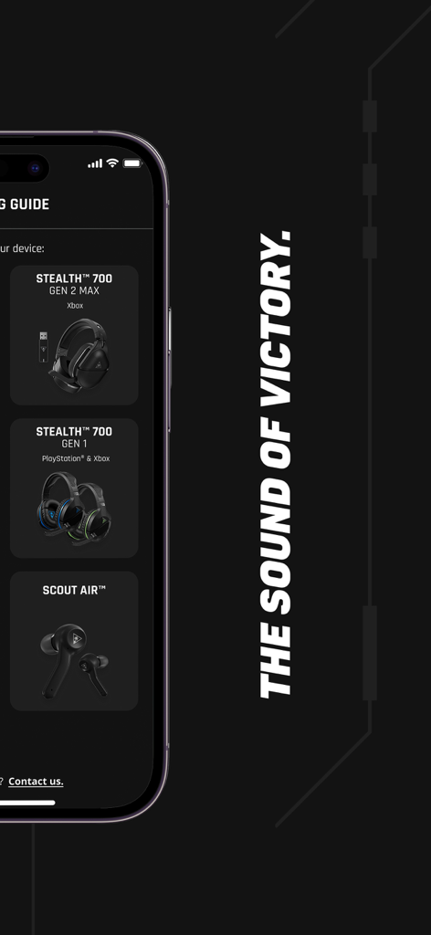 Turtle Beach Audio Hub - Turtle Beach Audio Hub app interface showing device selection for Stealth 700 headsets and Scout Air earbuds on an iPhone.