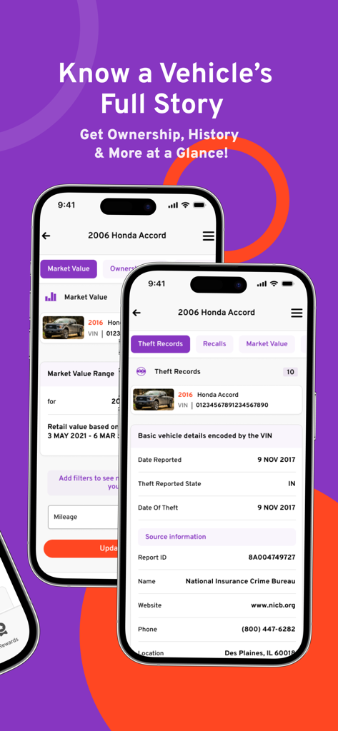 Bumper app interface showing market value and theft records for a car