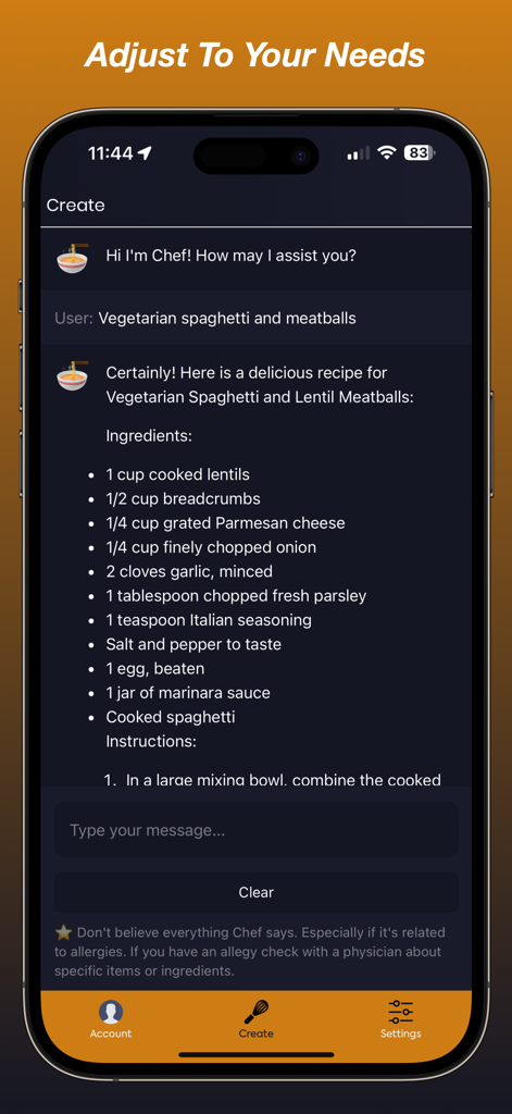 Chef's Kiss - AI chat interface in the Chef's Kiss app showing a personalized vegetarian spaghetti and lentil meatballs recipe.