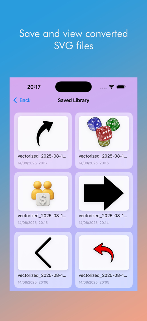 Image to SVG アプリの保存済みライブラリ画面。変換されたベクターアイコンのグリッドが表示されています。