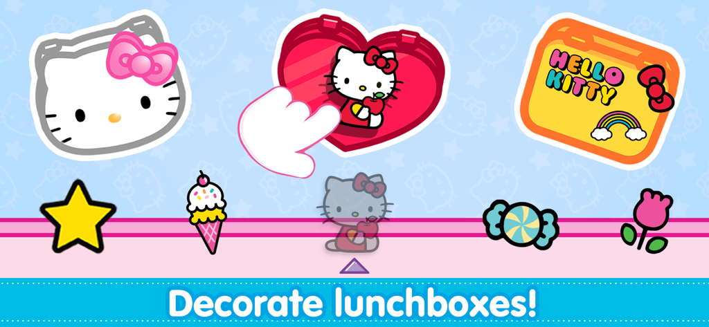 Hello Kitty Lunchbox game screen showing various lunchbox designs and stickers for decoration