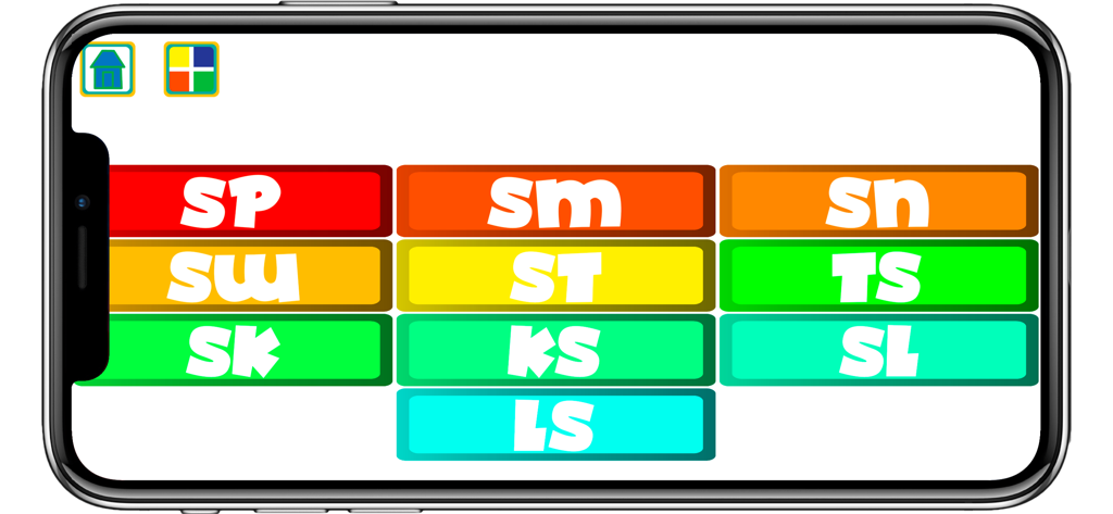 Un colorido menú de selección en una aplicación de terapia del habla que muestra varias combinaciones de mezclas S en botones interactivos.