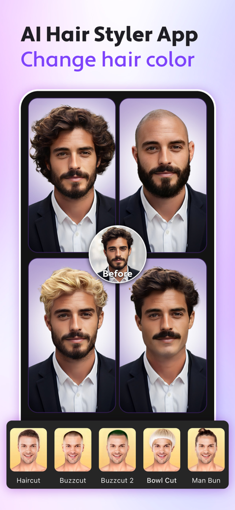 Cosmo AI Hair Styler app interface showing various men hairstyles and hair colors