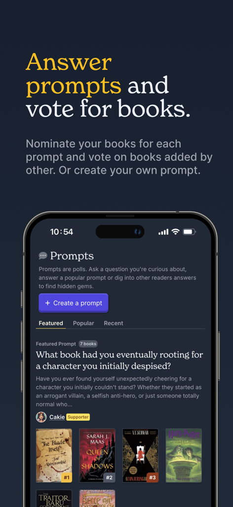Hardcover.app - Interfaz de la aplicación Hardcover que muestra indicaciones de libros y funciones de votación comunitaria.