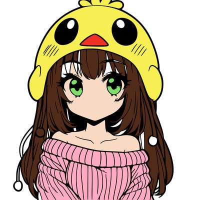 anime girl with chick shaped hat with sweater with bare shoulders with bangs covering them one eye with low tail