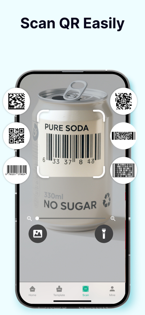 Ein Smartphone-Bildschirm, der die Scanfunktion der QR-Code-Generator-App zeigt, die einen Barcode auf einer Limonadenflasche identifiziert