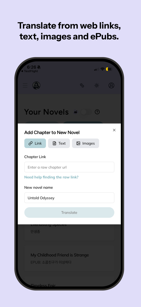 Interfaccia dell'app OpenNovel che mostra come aggiungere un capitolo di web novel per la traduzione utilizzando un link URL.