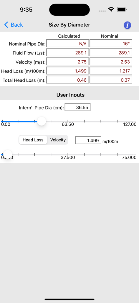HVAC Pipe Sizer - Liquid - HVAC Pipe Sizer app interface showing pipe diameter and fluid flow calculations with slider controls
