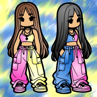 girl in baggy pants crop top and long hair