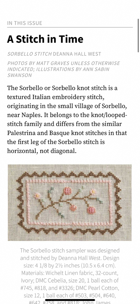 PieceWork Magazine - Artigo sobre o ponto de bordado Sorbello na Revista PieceWork