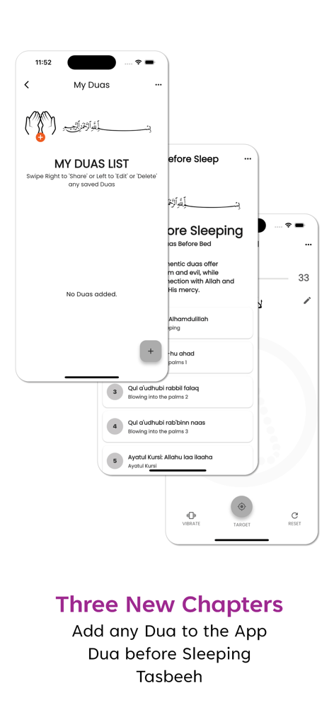 Dua & Azkar - Interface of the Dua & Azkar app showing personal prayer lists, sleeping supplications, and a digital tasbeeh counter