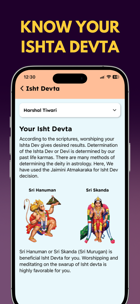 Pantalla de la aplicación Up Astrology que muestra un informe personalizado de deidad védica Ishta Devta, incluyendo íconos de Sri Hanuman y Sri Skanda
