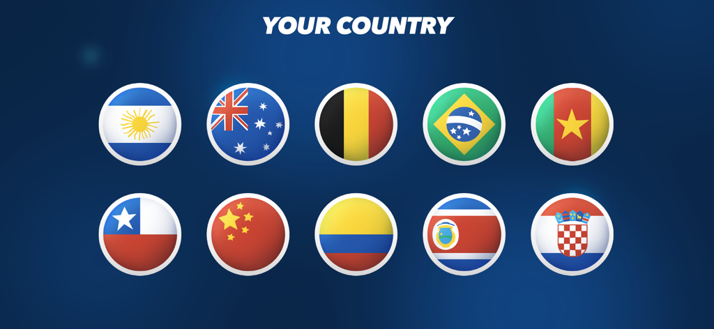 Fiete Soccer for kids 5+ - Écran de sélection dans Fiete Soccer montrant plusieurs icônes de drapeaux nationaux sous le titre Votre pays