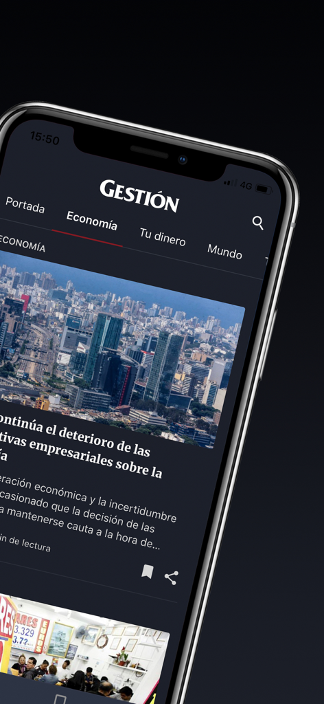 Iphone che mostra la sezione Economia dell'app di notizie di affari Gestion in spagnolo
