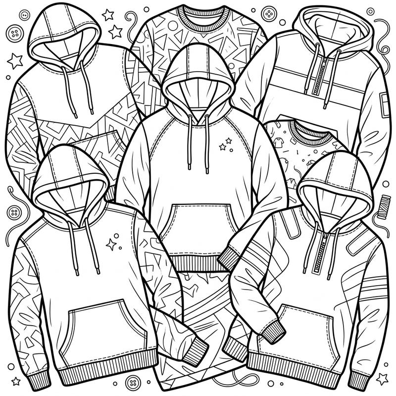 Dive into the world of fashion with this detailed coloring page featuring a variety of men's casual and athletic tops. Enjoy bringing these trendy hoodies and crewneck sweatshirts to life with your favorite colors.