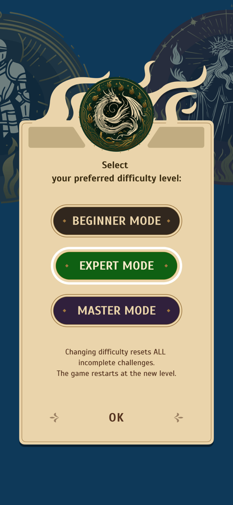 Cryptogram: Word Puzzle Master - Difficulty selection menu in Cryptogram Word Puzzle Master showing beginner expert and master mode buttons.