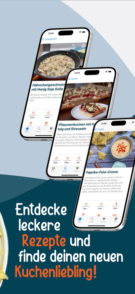 Bianca's Kitchen - Mobile app screenshots for Biancas Kitchen showing chicken and cake recipes for home and camping