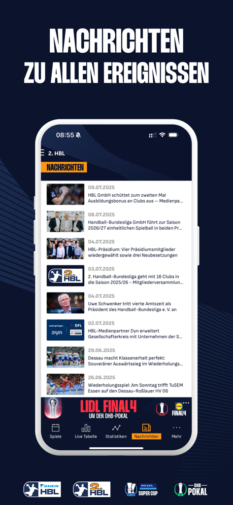 Sección de noticias de la aplicación DAIKIN Handball Bundesliga que muestra artículos deportivos recientes.