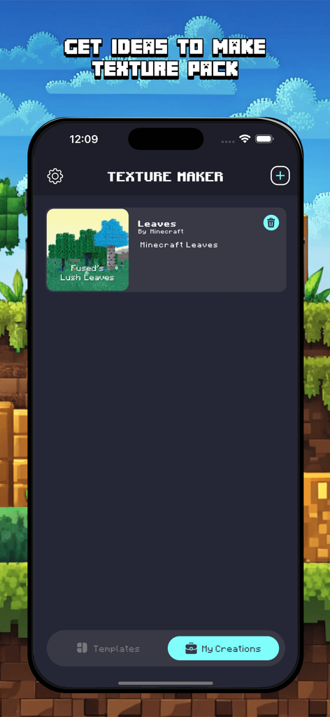 Texture Maker for Minecraft - Texture Maker for Minecraft app showing the user's saved texture creations on an iPhone screen