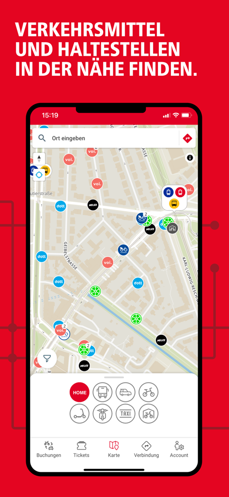 redy - Eine Kartenoberfläche in der redy Mobilitäts-App, die nahegelegene Standorte für Roller-, Fahrrad- und Carsharing-Dienste anzeigt