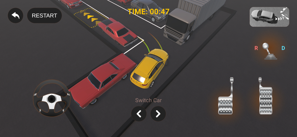 3D Car Parking Driving School - Gameplay of a 3D driving school simulator showing a yellow car maneuvering into a parking space with on screen controls.