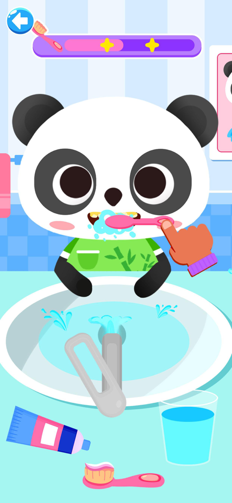 Kids Puzzle ABC Learning Games - A panda character brushing its teeth in a life skills learning game for kids