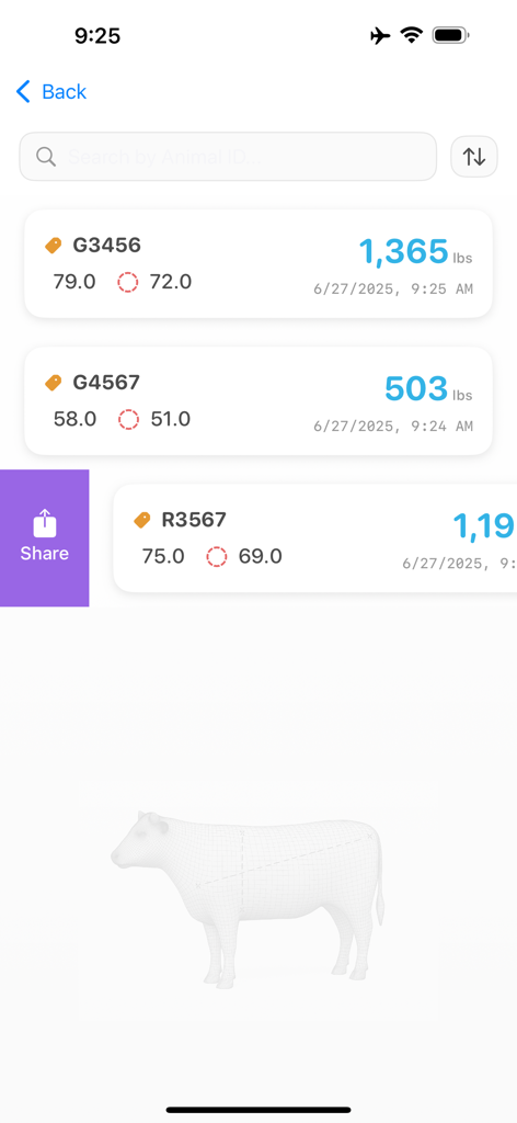 Cattle Weight Pro - Elenco dei record di peso del bestiame e degli ID degli animali nell'app Cattle Weight Pro