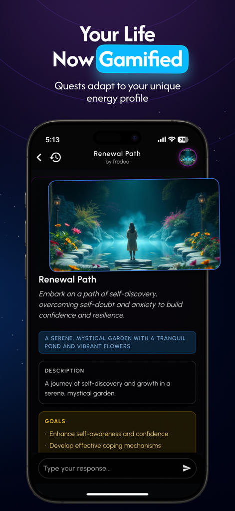 Voidspace AI - Voidspace AI app interface showing a gamified life quest called Renewal Path with a serene garden visual and self-discovery goals.
