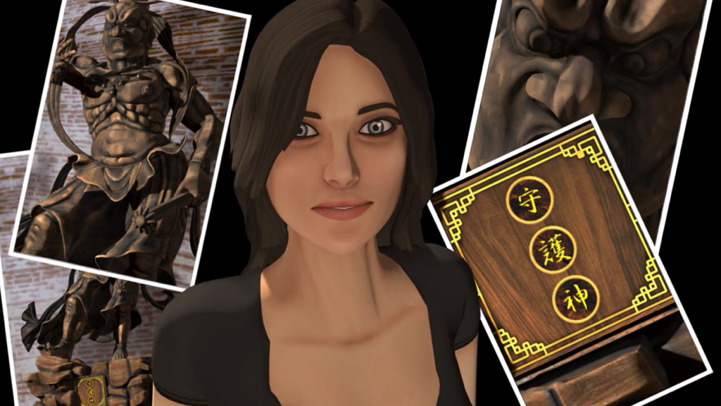 Yesterday Origins - Pauline Petit investigando estatuas guardianas antiguas y artefactos misteriosos en Yesterday Origins.