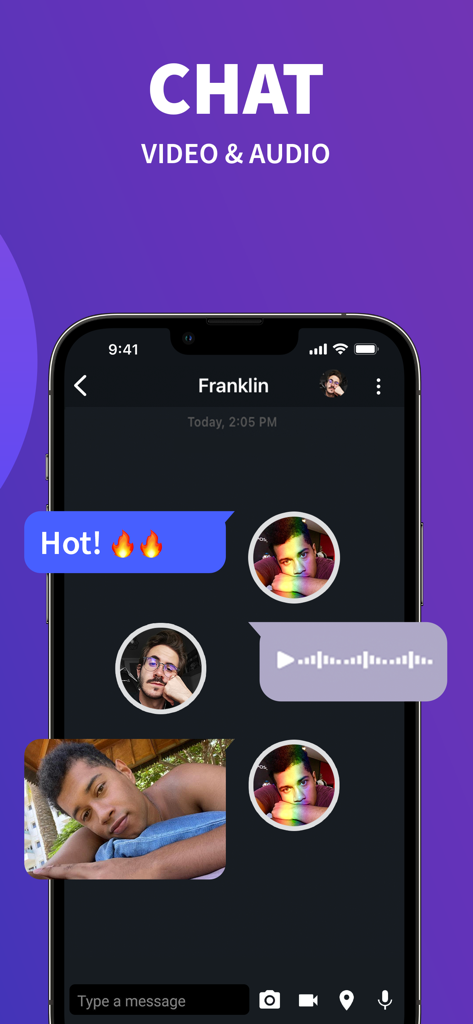 Wapo: Gay Dating App for Men - Screenshot of Wapo gay dating app showing the chat interface with video and audio message options