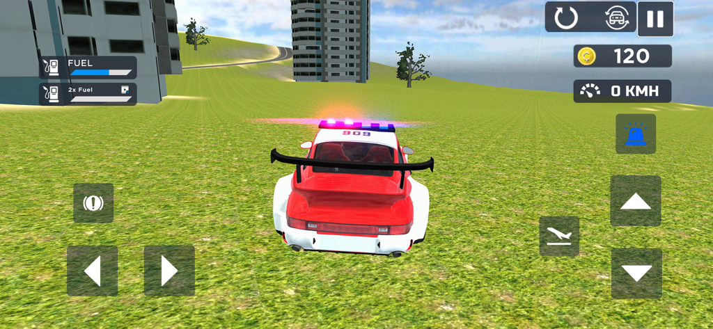 Flying Car Game: Police Games - A police car in a grassy open world city environment from the Flying Car Game gameplay.
